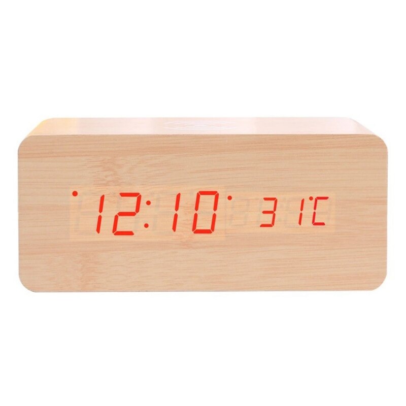 Wood LED Digital Alarm Clock With Phone Wireless Charging Pad Snooze Function Sound Control Adjustable Brightness Alarm Clock: F