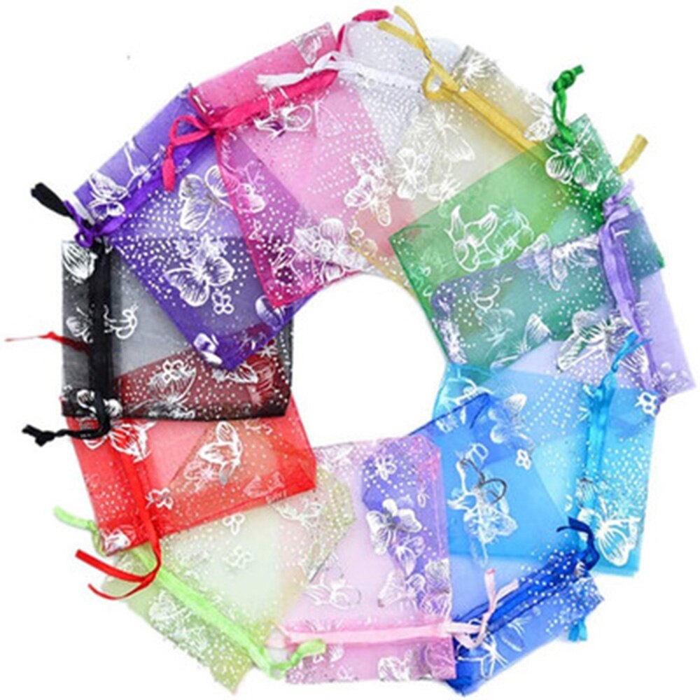 100 PCS 10 Colors Jewelry Butterfly Organza Bag 10x12cm Wedding Christmas Voile Organza Packing Drawstring Bag Pouch: Multicolor