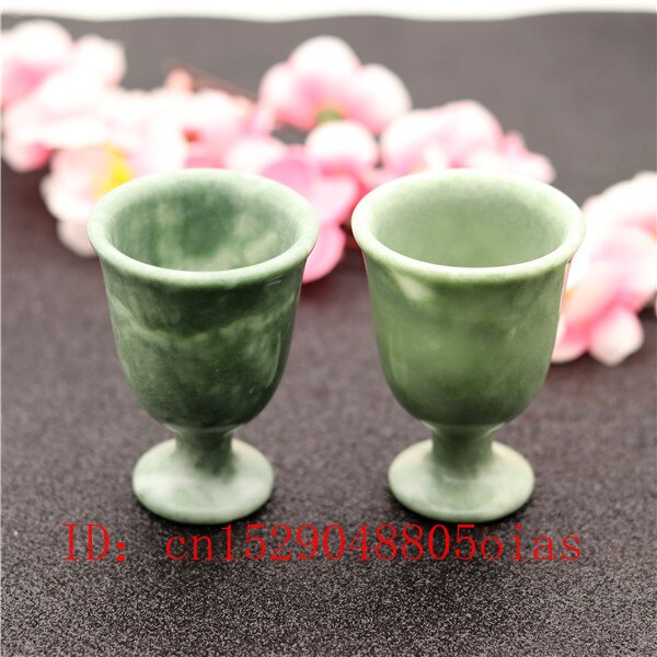 2Pcs Natural White Green Jade Wine Glass Chinese Style Cup Crafts Tea Healthy Energy Appliances