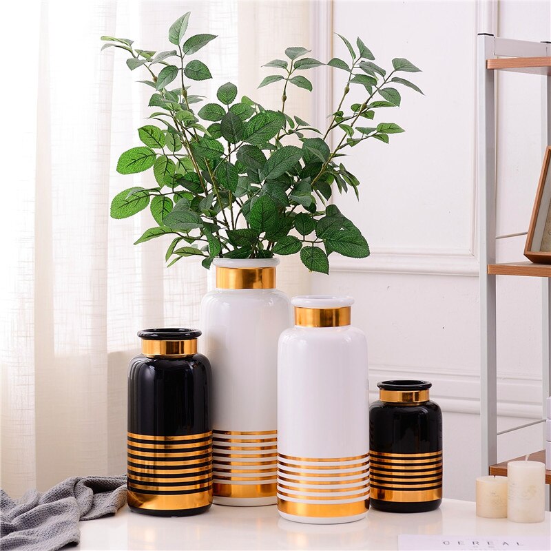 Zwart Wit Keramische Vaas Gouden Lijn Bloem Vaas Water Planten Container Thuis Decoratieve Vaas R711