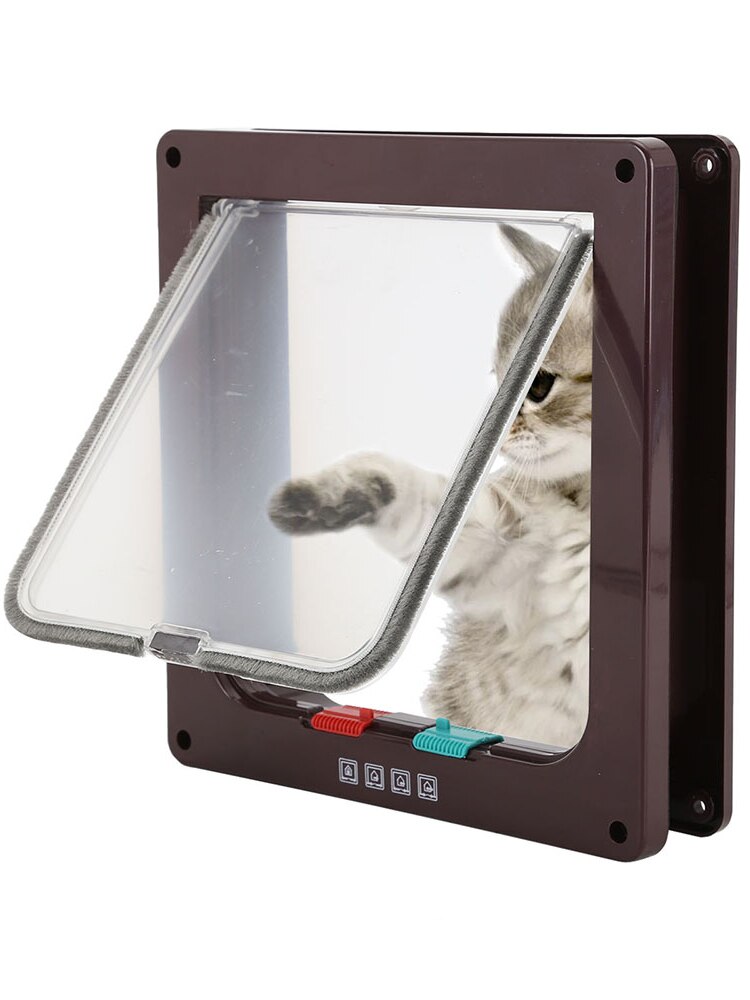 S/M/L 2 Colors Cat Flap Door with 4 Way Lock Security Flap Door for Dog Cat Kitten Small Pet Gate Door Kit Cat Puppy Safety Gate: Brown / L-25x24x6cm