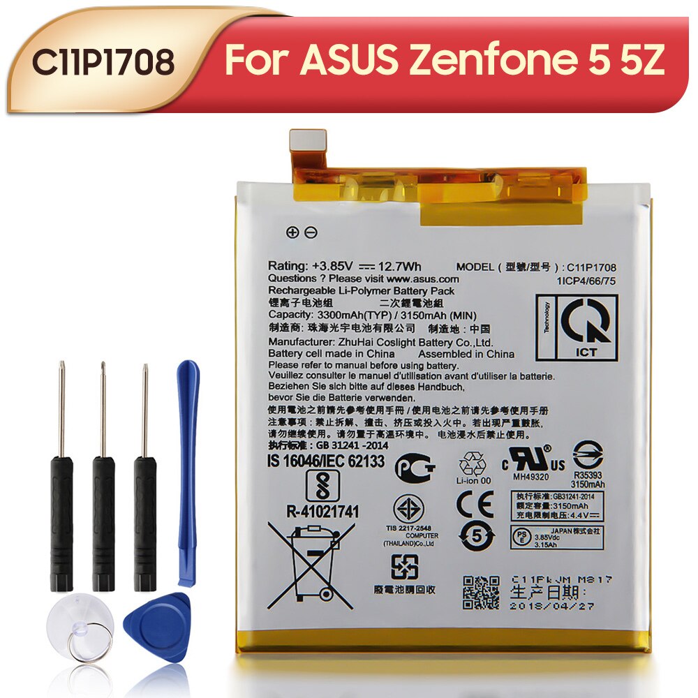 Original Replacement Battery C11P1708 For ASUS Zenfone 5 5Z ZE620KL X00QD ZS620KL Z01RD Phone Battery 3300mAh