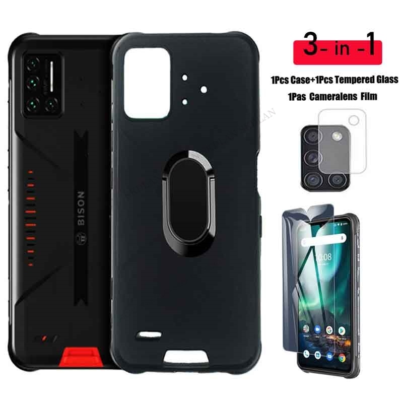 Funda con soporte magnético con anillo de dedo para móvil, Protector de pantalla, película protectora para Umidigi BISONGT: for UMIDIGI BISON / 3 in 1