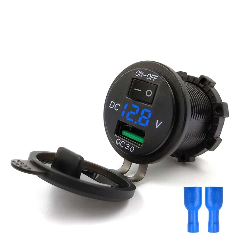 Ootdty rask lade 3.0 usb billader stikkontakt ledet voltmeter bryter til bil marine atv: Blå