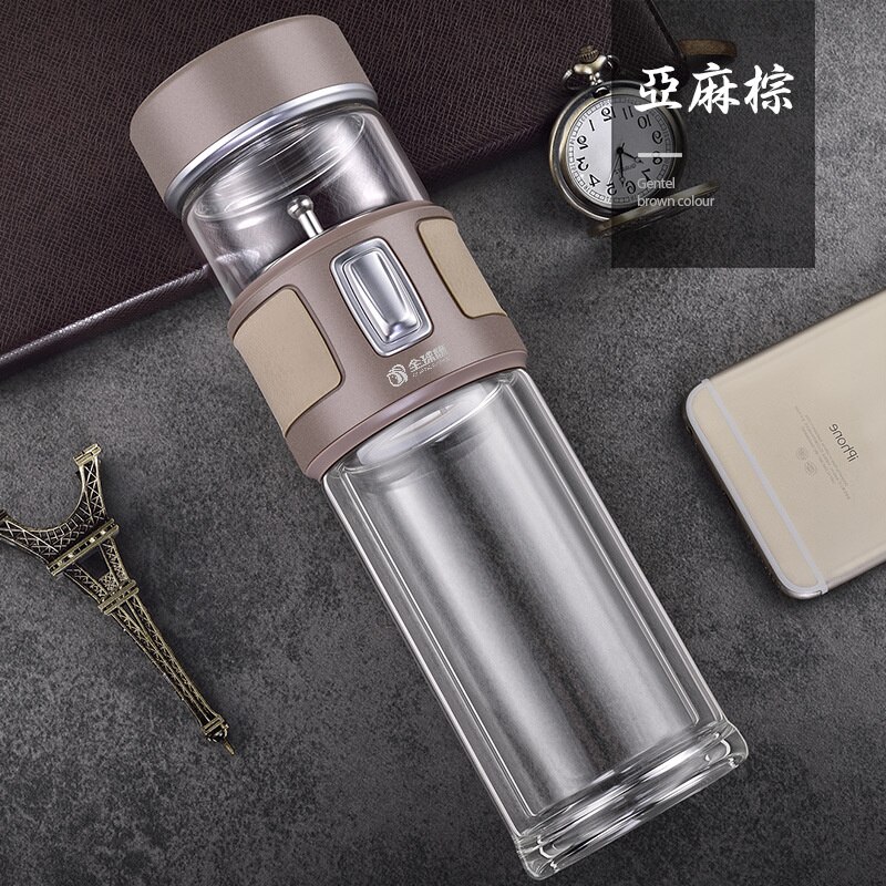 Botella de agua con doble burbuja de vidrio para hombre, separación de té de , aislamiento 600 SUS, , 316 ml: Linen Brown Glass
