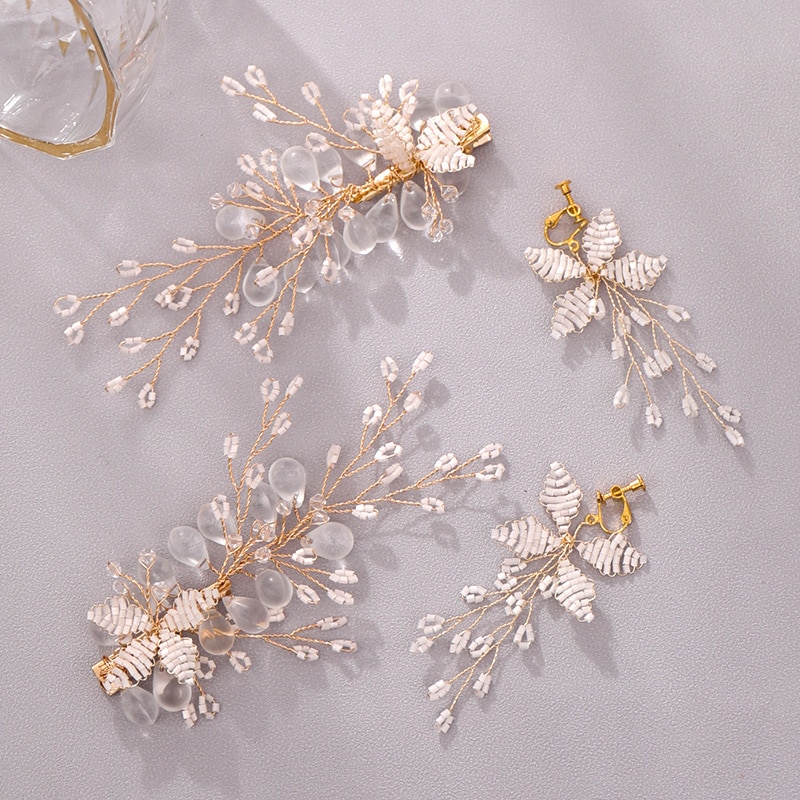 FORSEVEN Bridal Jewelry Set Shiny Crystal Hair Clip and Earring Flower Headdress Hair Clip Earring Set Wedding Jewelry Set