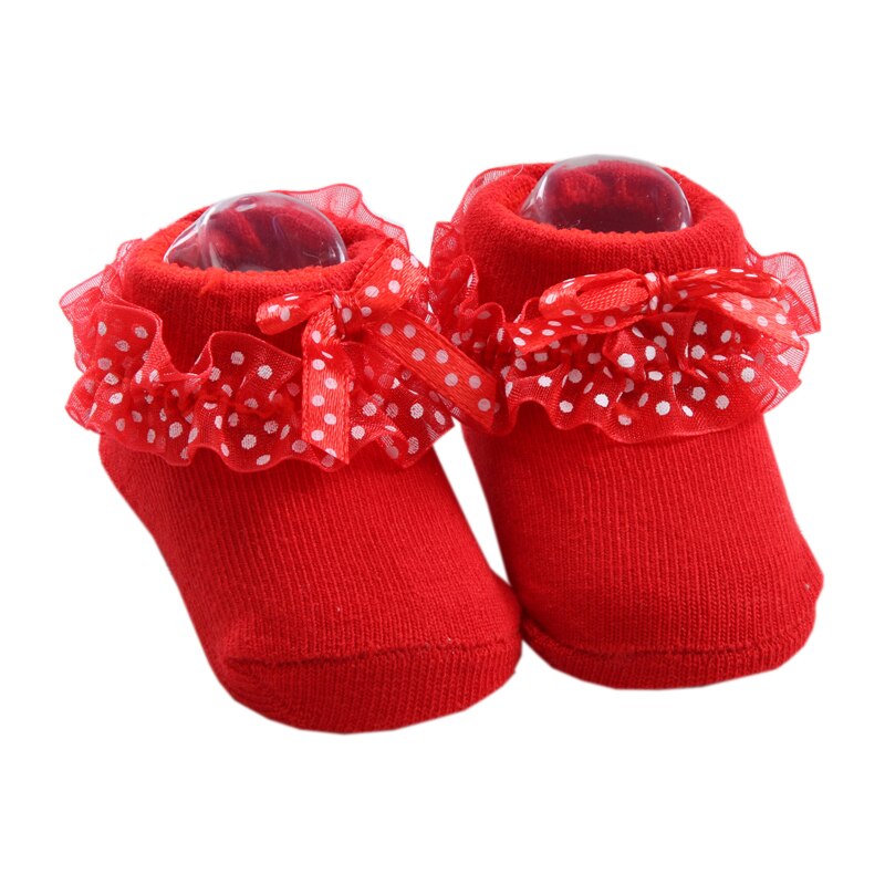 Lace Socks Girls Cotton Cozy Ruffle Frilly Ankle Socks Dots Baby Girl Princess Socks Bow Kids Dress Tutu Socks Photography Props: Red / Newborn