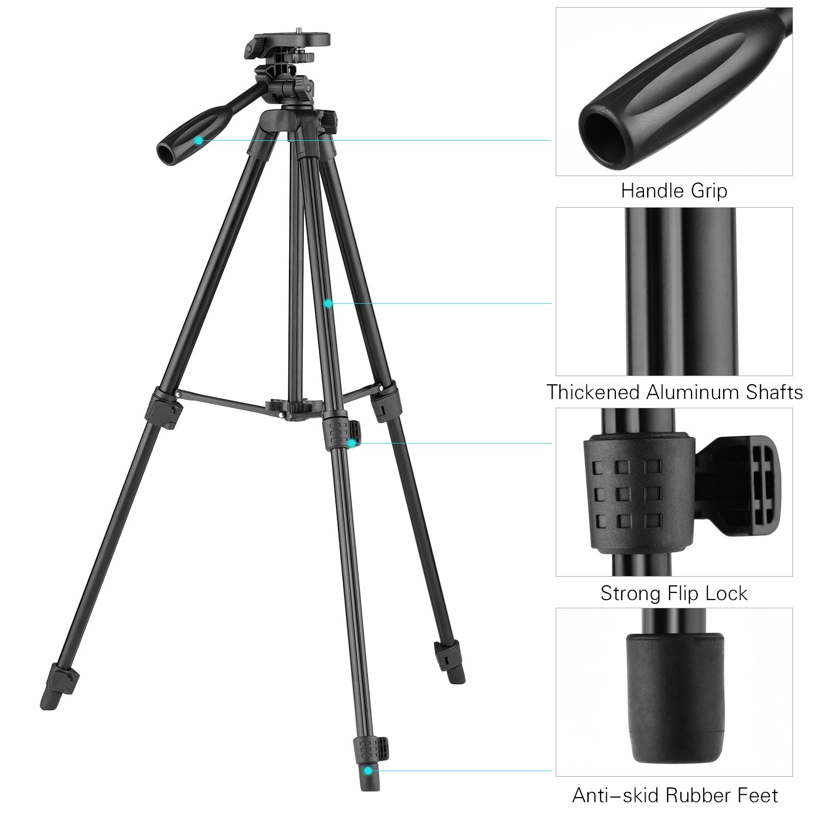 Adjustable Height Tripod Stand Aluminum Alloy 115c 3-Section 3KG Payload 3-Way Head 1/4 Mounting with Bubble Level Phone Clamp