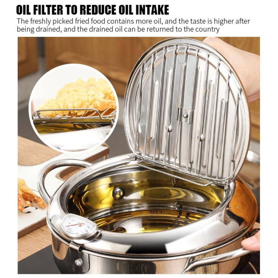 Kitchen Deep Frying Pot Stainless Steel Thermometre Tempura Fryer Pan Temperature Control Fried Chicken Pot Cooking Tools