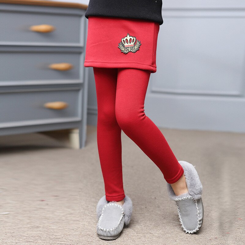 Babymeisjes winter warme broek kinderen lange broek met rok fluwelen dikke meisjeskleding kind patroon kinderen effen leggings: Kroonrood / 10t