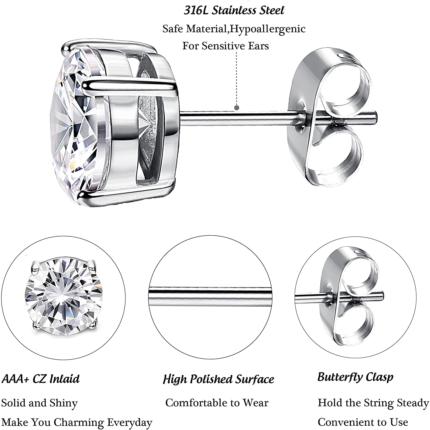 9 Pairs Stainless Steel CZ Stud Earrings Hoop Earrings Gauge Earrings Set for Men Women piercing earrings