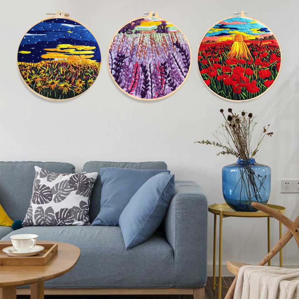 DIY Embroidery Flower Landscape Handwork Needlework for Beginner Cross Stitch kit Ribbon Painting Embroidery Hoop Home Decor