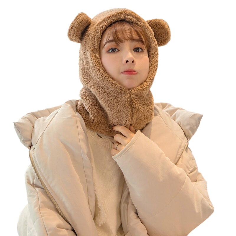 Vrouwen winter pluche warme capuchon muts sjaal schattige cartoon berenoren effen kleur thermische winddichte oorklep muts nekwarmer: Koffie