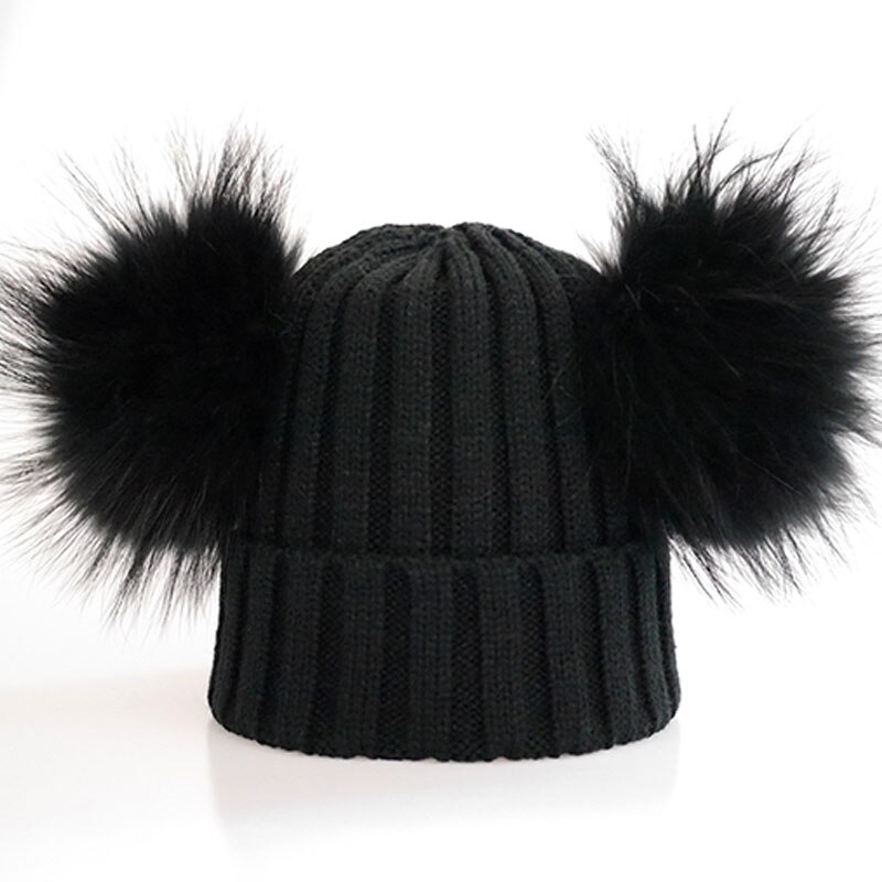 Volwassen Dubbele Bont Pompon Winter Hoeden voor Vrouwen Wol Blend Gebreide Heren Hoeden en Caps