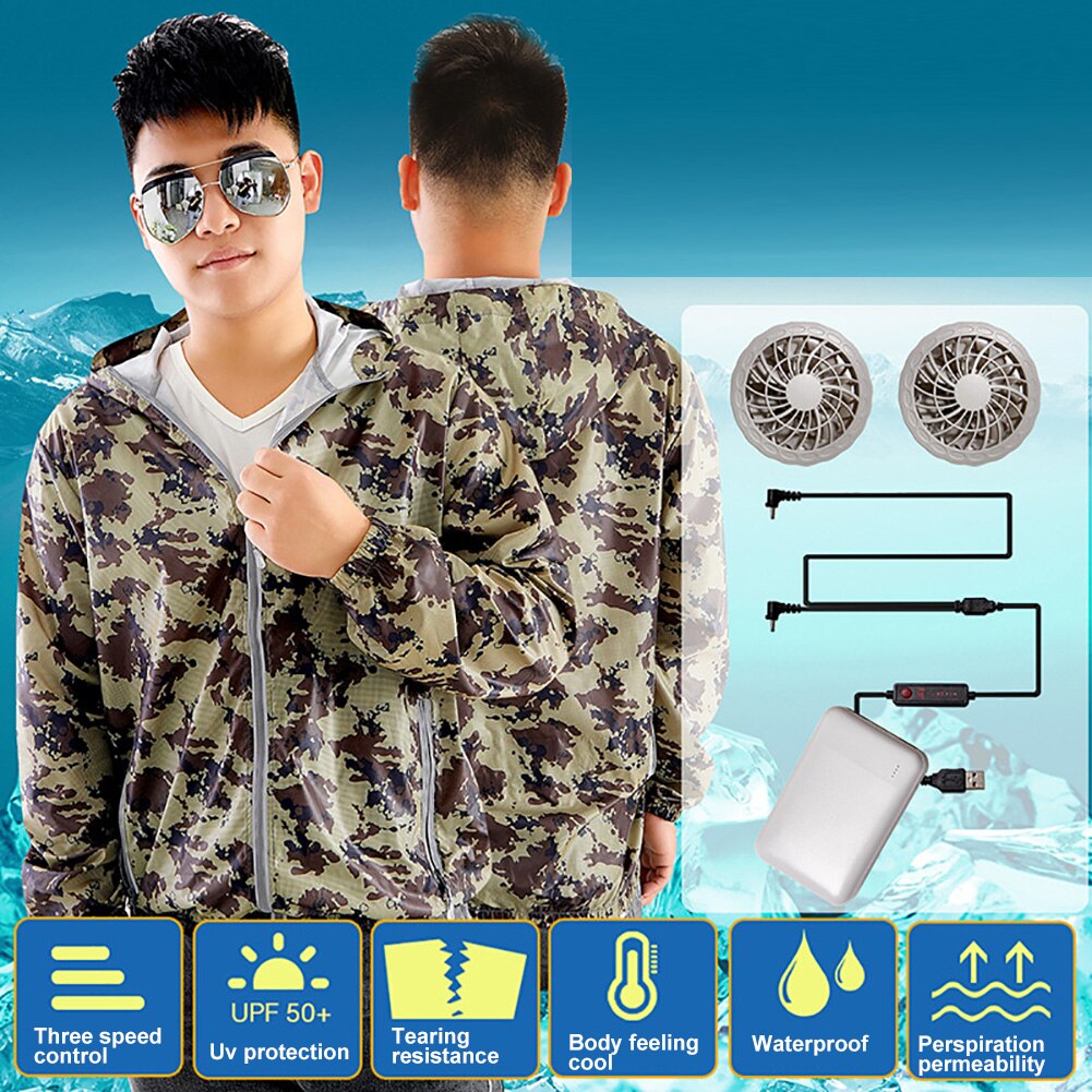 Camouflage Summer Air Cooling Fan Men Hooded Long Sleeve Jacket Working Top Coat