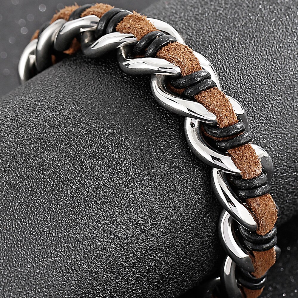 Handgemaakte Lederen Wrap Armband Mannen Jongens Armbanden Titanium Rvs Heren Biker Sieraden Accessoires Manchet Bangle Mannelijke