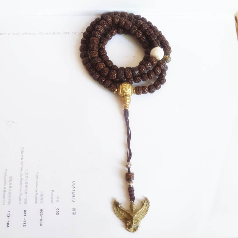 BRO691 tibétain, amulette tibétaine, Rudraksha Bodhi Mala, avec des perles de gourou Mantras dorés,