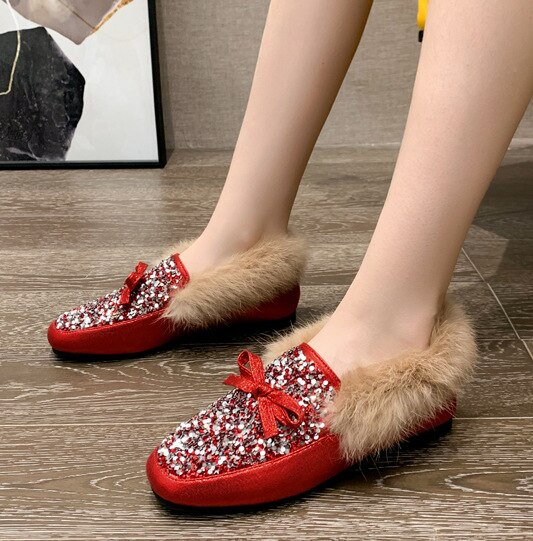 Mocasines de piel con nudo Lazo de cristal para mujer, zapatos informales con punta redonda, suaves, con diamantes de imitación y mariposas