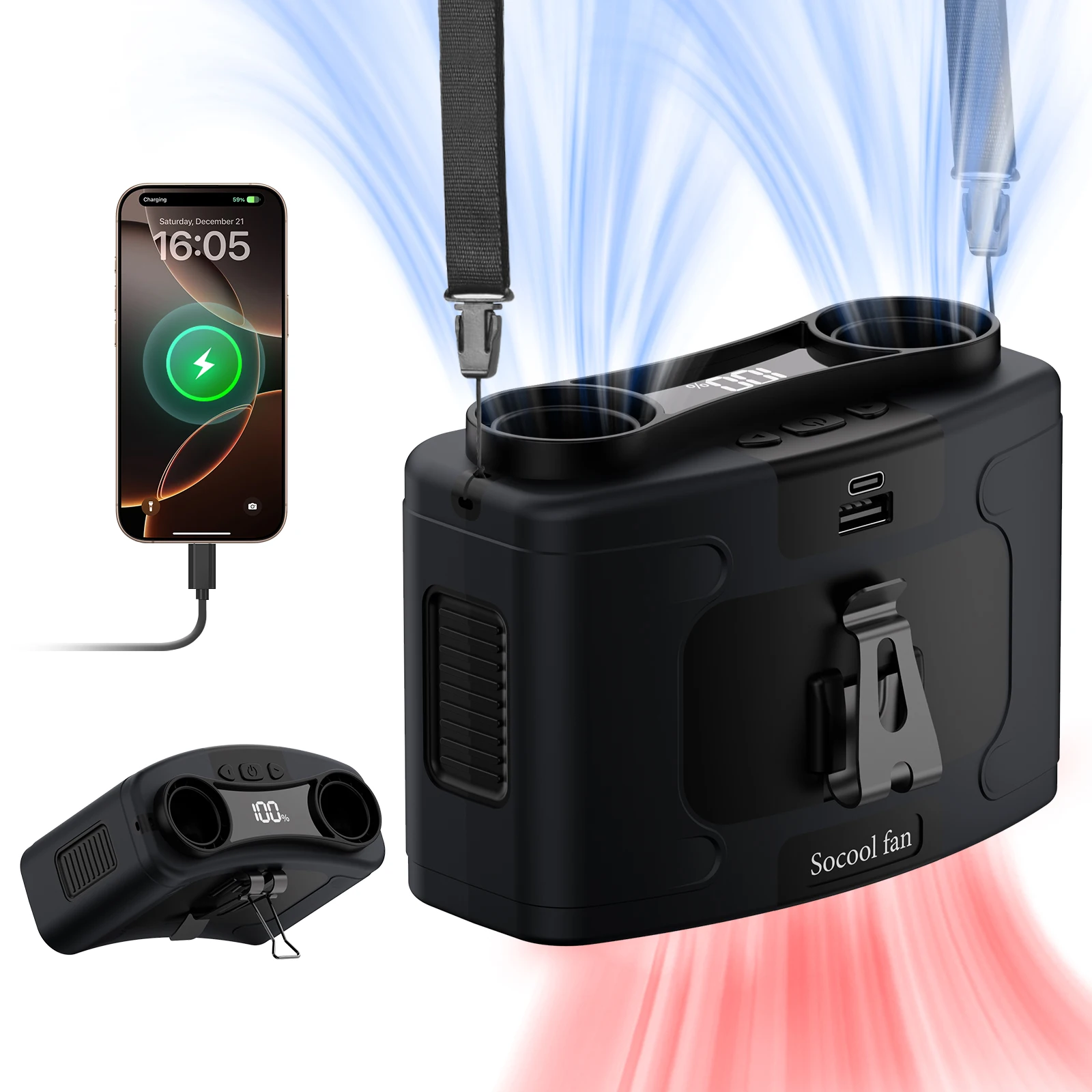 20000 mAh tragbarer Taillenventilator, schnell kühlender hängender Halsventilator, 10 Gänge, Geschwindigkeiten, Doppelmotoren, starker Wind, Außenventilator mit Powerbank