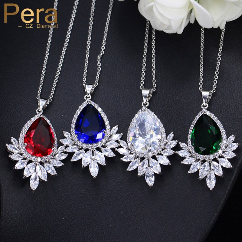 Pera Classic Marquise Cut Zirconia Crystal Big Bule Green Water Neklaces Pendants for Women Daily Dinner Party Jewelry P007