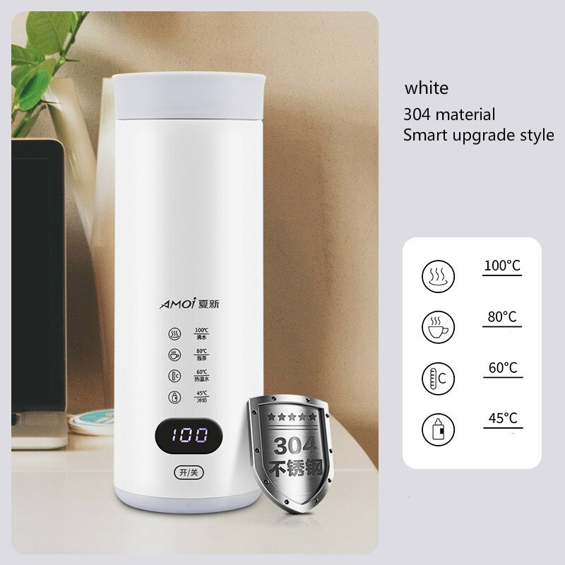 Bouteille d&#39;eau chaude électrique portable 110V ~ 240V, bouilloire de voyage, pot chauffant, tasse santé en acier inoxydable, petite tasse d&#39;eau: White digital displa