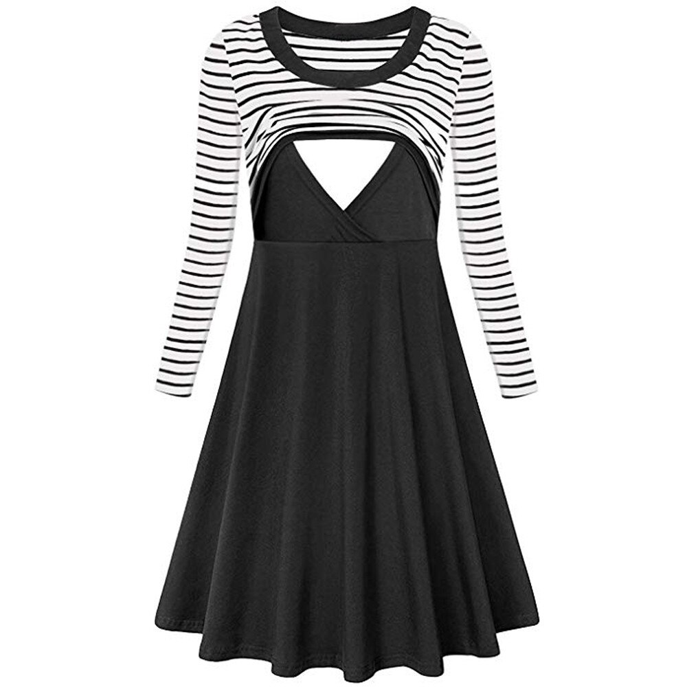 Maternity Breastfeeding Dresses Women's Stripe Long Sleeve Flare Nursing Dress Robe Grossesse Premama Clothes For Pregnant Women: Black / M