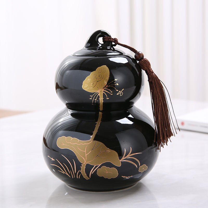 Tarro de cerámica chino de Kung Fu para decoración del hogar, recipiente de almacenamiento sellado con forma de calabaza, accesorios para ceremonia del té, especias: Black