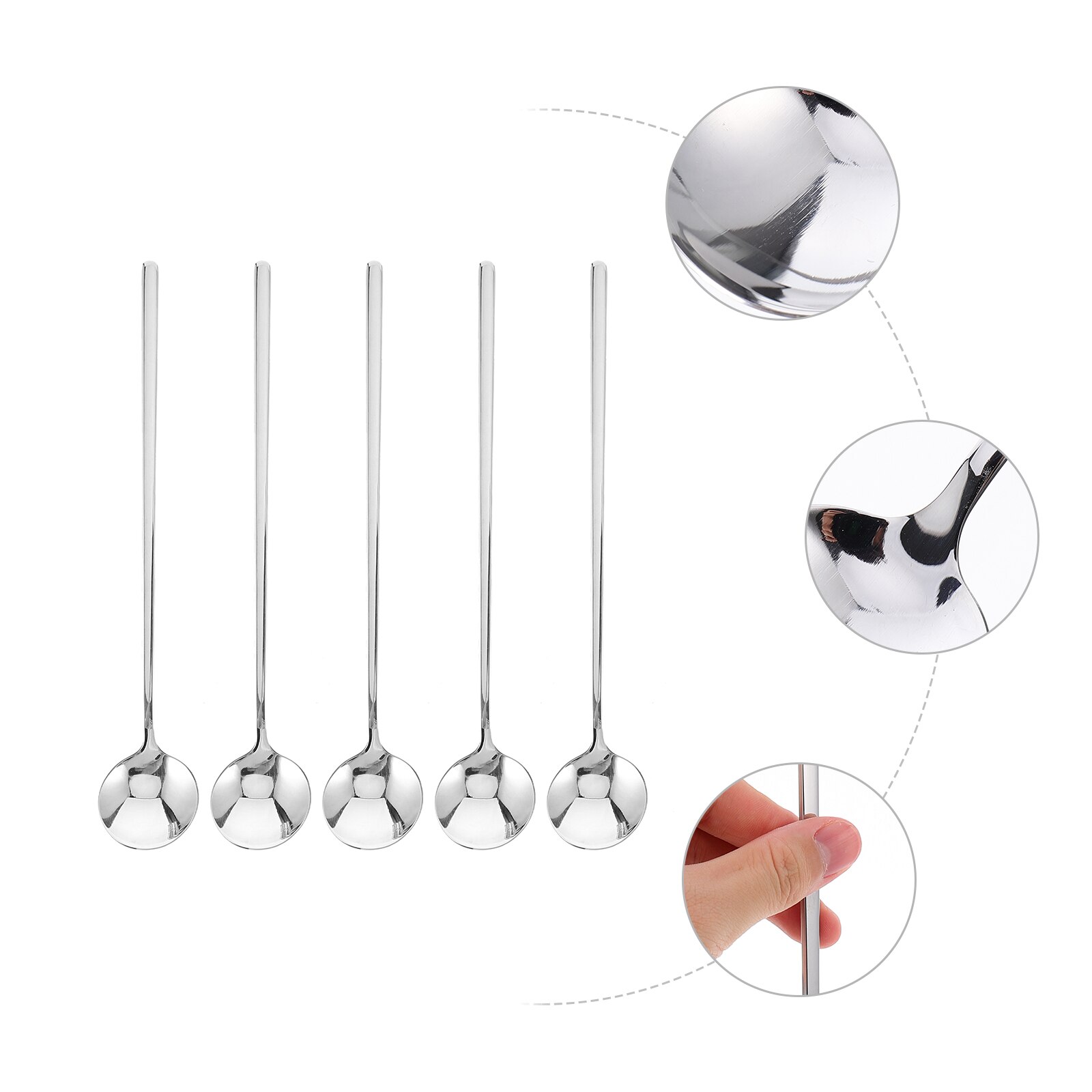 5 Pcs Home Shop Cafe Long Handle Stainless Steel Dessert Round Spoon Supply