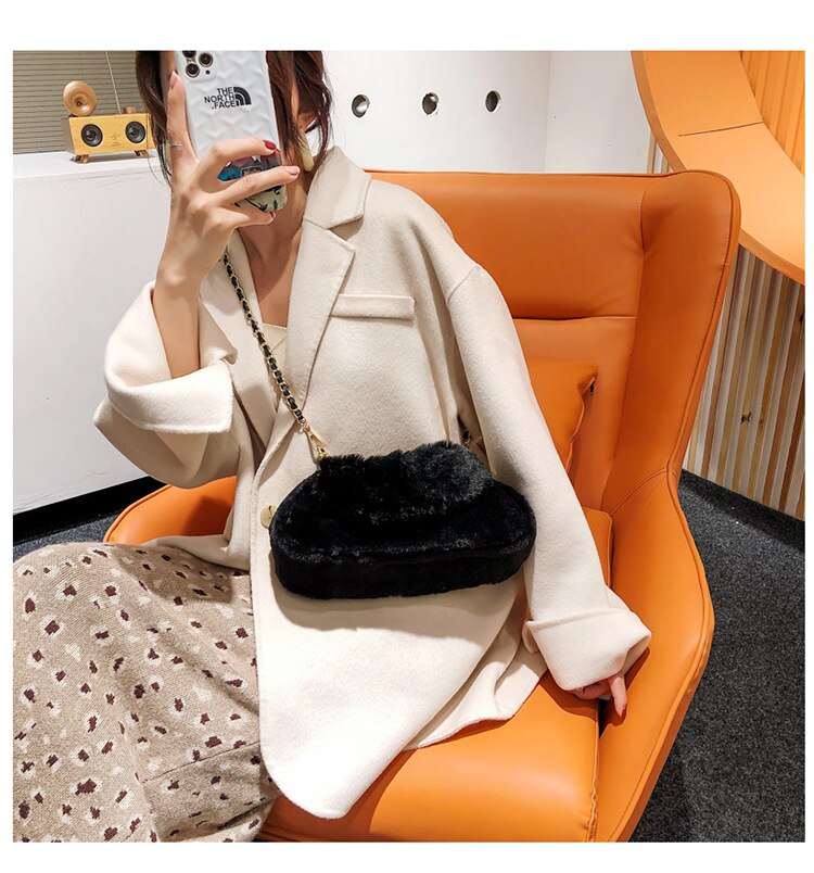 Casual, effen pluchen schoudertas met ketting, herfst/winter, dames, kleine crossbodytas met drukknopen