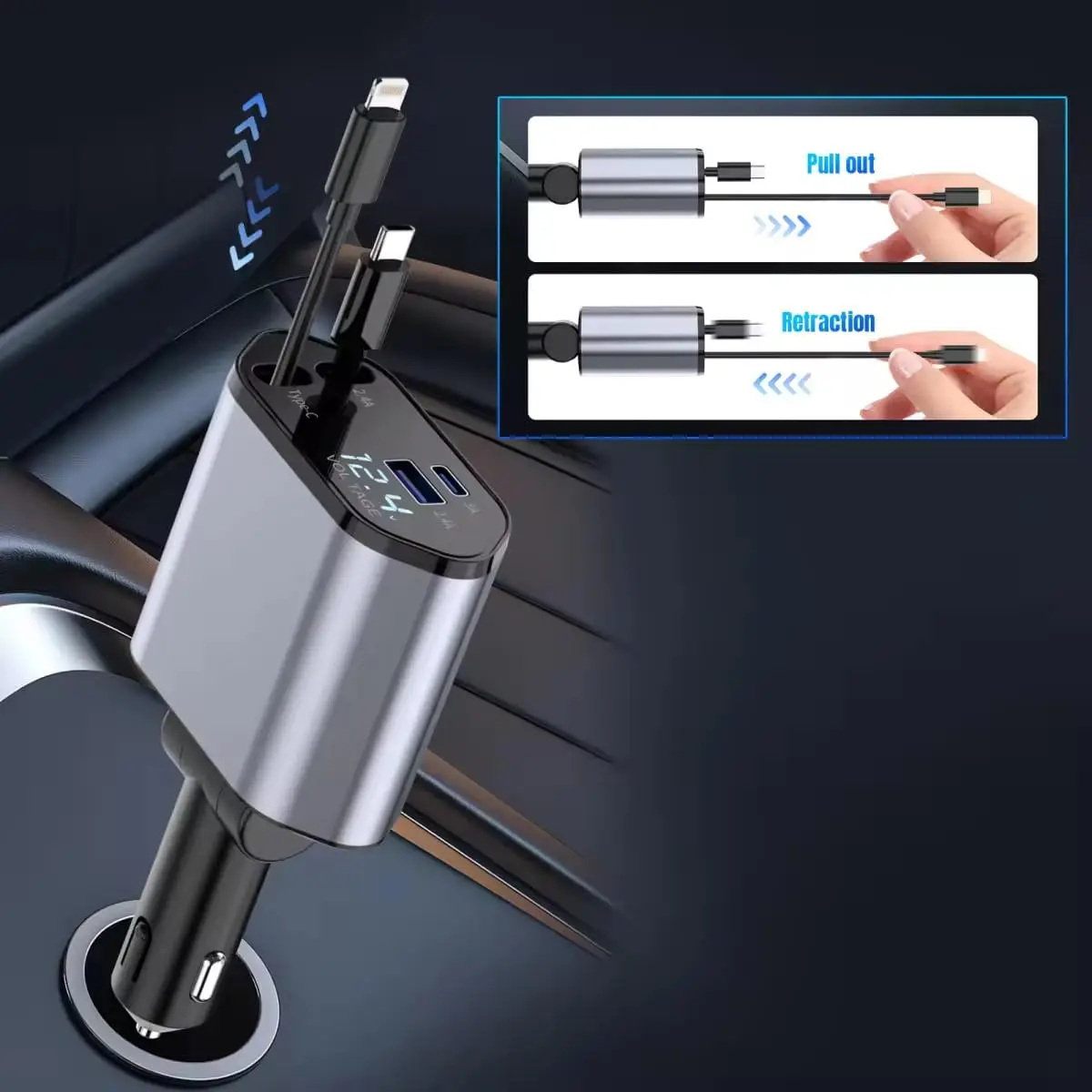 Intrekbare Autolader, 4 In 1 Snelle Autolader Met Snoer 2,6 Ft, Intrekbare Kabel En 2 Usb-Poorten Autolader Aanpassen
