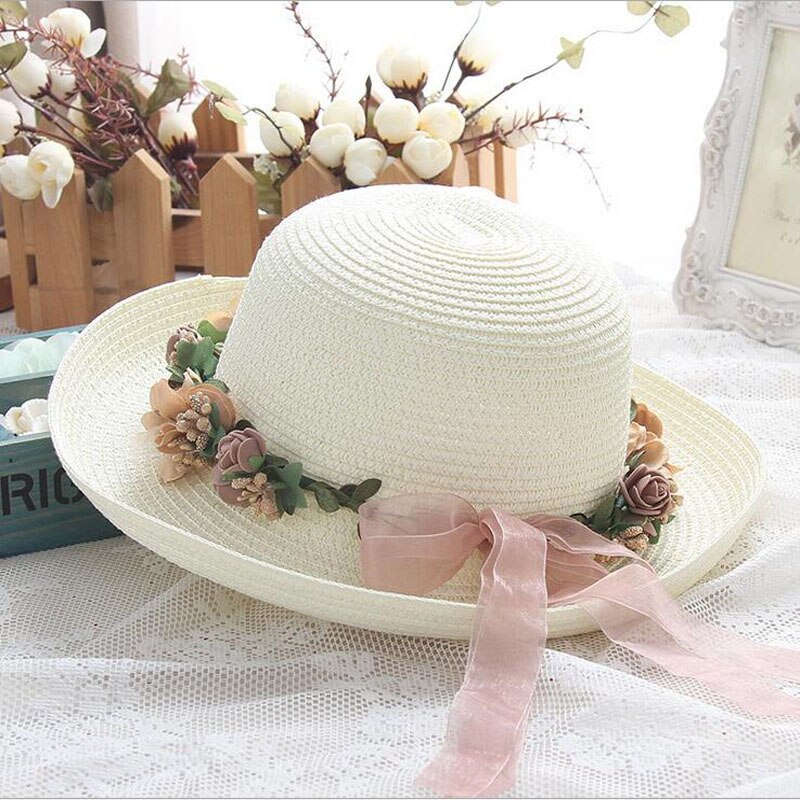 BINGYUANHAOXUAN vrouwen Bloemen Zonnehoed Floppy Opvouwbare Strik Stro Zomer Strand Hoed