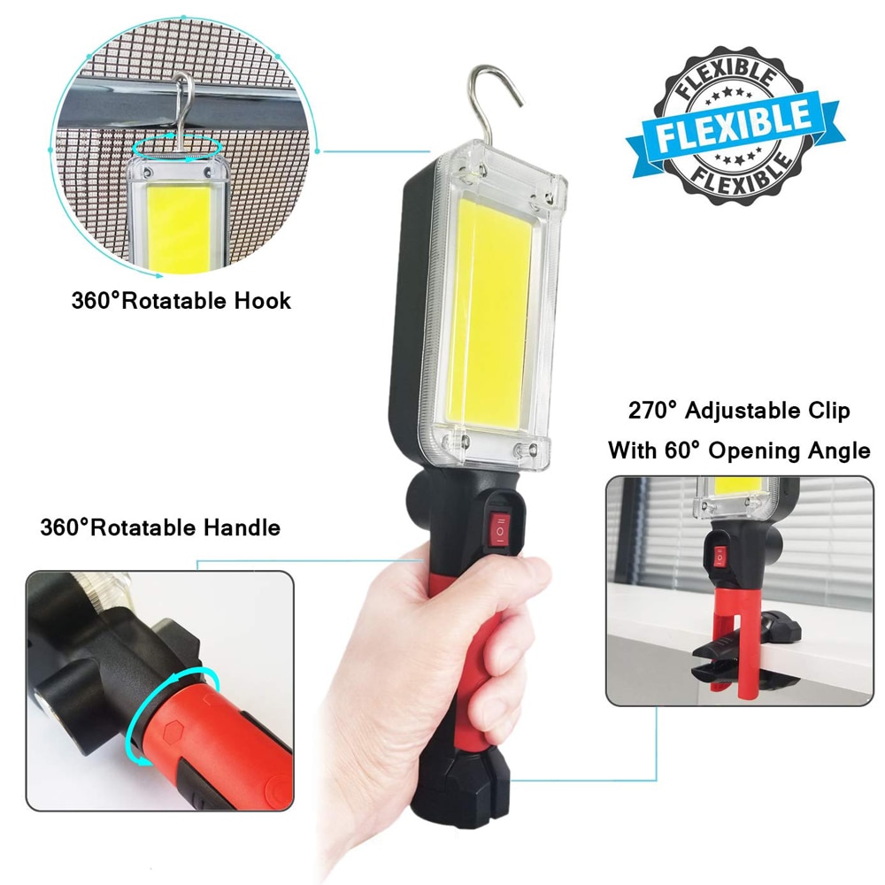Portable LED COB Work Light Torch Floodlight with Hook Clip USB Charge Power by 18650 Magnetic Flashlight Lantern for Car Repair