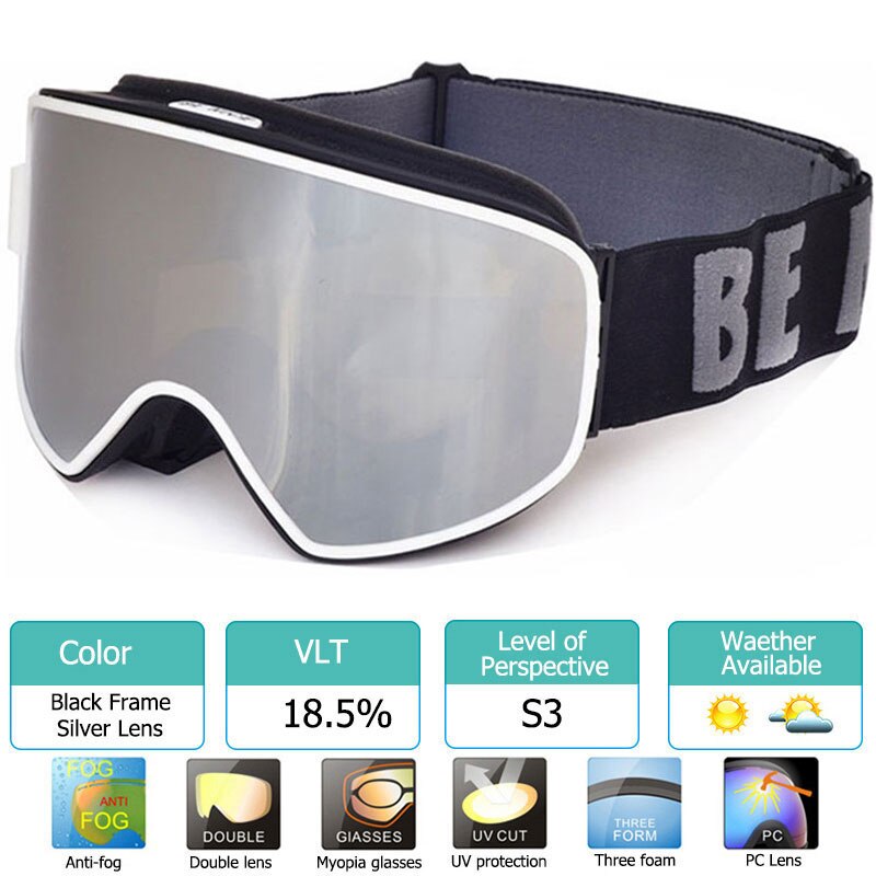 Ski Goggles 2 in 1 with Magnetic Dual-use Lens for Night Skiing Anti-fog UV400 Snowboard Goggles Men Women Ski Glasses: Black Silver