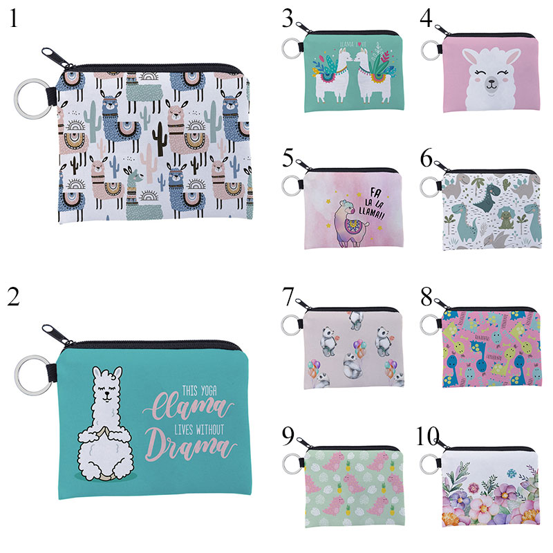 1 Pcs Unisex Cartoon Alpaca Printing Coin Purse Waterproof Small Zipper Purse Card Key Pouch Mini Square Wallet For