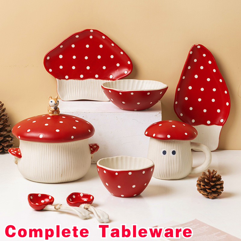 Conjunto completo de utensílios de mesa cogumelo fofo Prato de copo de cerâmica Tigela de sopa Par com colher copo de leite Louça infantil Utensílios para cozinha