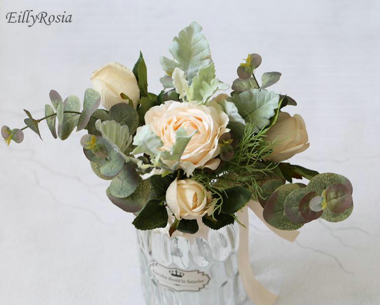 Ramos de novia Kleine Size Bruidsboeket voor Bruidsmeisje Bloem Meisjes Handgemaakte Rozen Eucalyptus Kunstmatige Bruiloft Bloemen