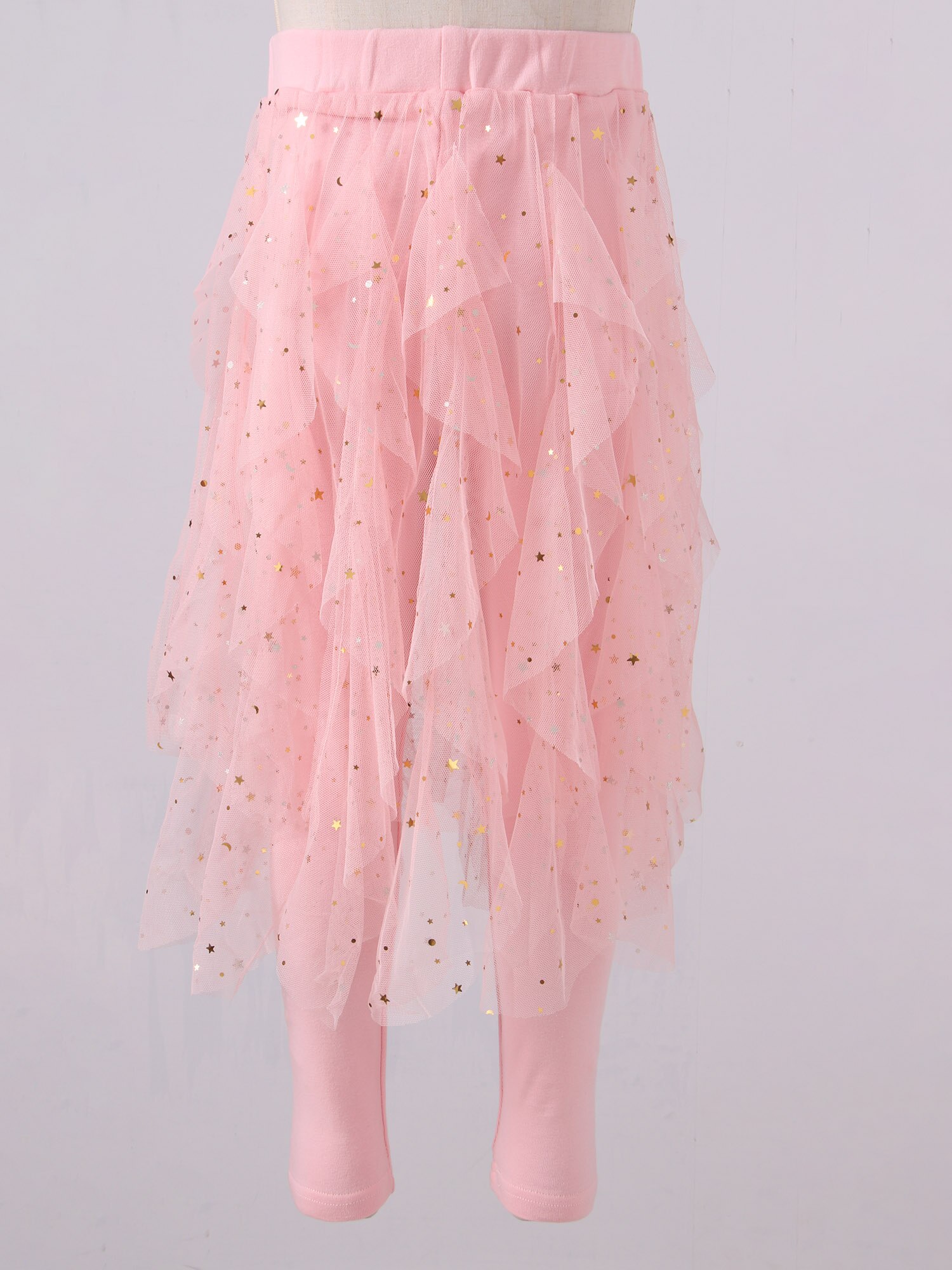Bambini ragazze abbigliamento Leggings pantaloni con gonne Tutu irregolari vita elastica stelle scintillanti paillettes maglia Tulle culotte collant