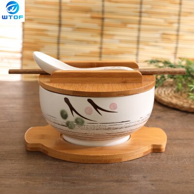 Japanse Kom Instant Noedels Servies Eetkamer Servies Salade Keramische Kom Brengen Houten Lepel Houten Eetstokje: D(With Wooden mat)