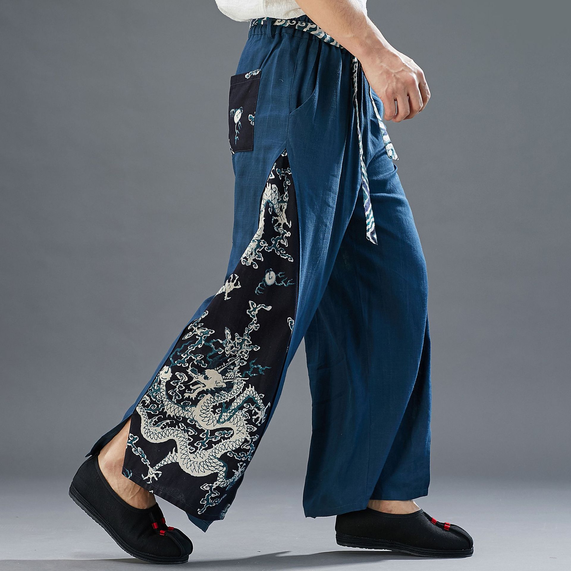 Uomini retrò del Drago di Stampa Giapponese Harajuku pantaloni Larghi del Piedino Pantaloni di Stile Cinese di Kung Fu Tai Chi Gonne E Pantaloni Spiaggia del Cotone casuale Allentato pantaloni: blu / L