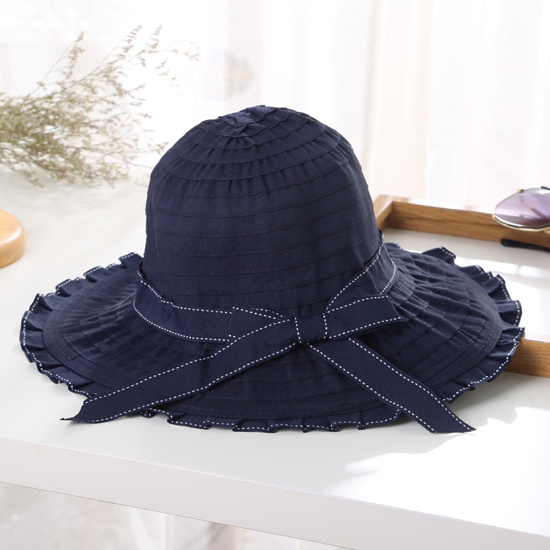 Women Hat Korea Style Bowknot Foldable Large Wide Brim Hats Anti-UV Adjustable Ladies Beach Sun Basin Caps: Navy