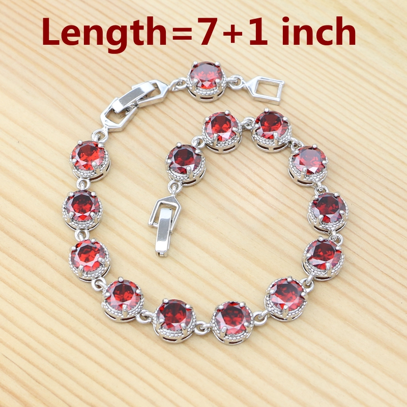 Conjunto de joyería de plata 925 para mujer, anillo redondo rojo granate, pendientes, pulsera, colgante, cadena, joyería cuadrada