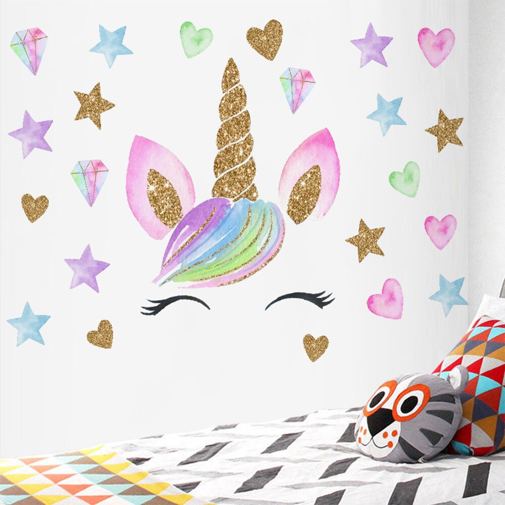 Pegatina de pared de unicornio dorado para habitación de niños, pegatina decorativa de dibujos animados, calcomanía de unicornio de estrella, fondo extraíble, decoración de pared