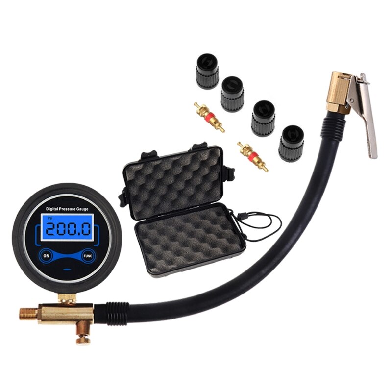 Digital Car Truck Air Tire Inflator Pressure Gauge with Air Chuck &amp; Hose Tire Pressure Gauge Tool for Car Truck Bike 200 Psi