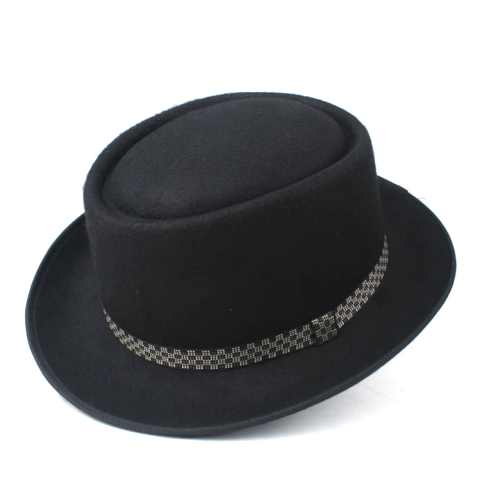 Men's Women's Pork Pie Hat Wool Flat Fedora Hat Pop Jazz Church Hat Size 58CM: Black
