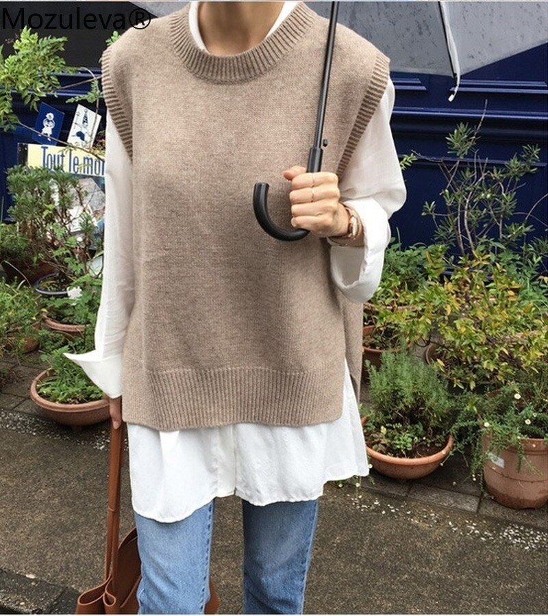 Mozuleva kvinder sweater vest o-hals ærmer pullover strikket vest kontor dame temperament afslappet chic vest coatwinter