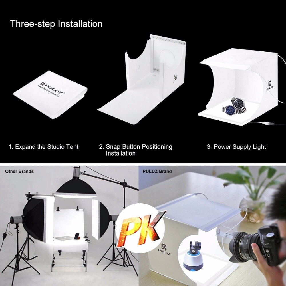 Puluz 20cm mini valokuvalaatikko studio varjoton valo lamppu paneeli pad + studio ammunta teltta valkoinen valolaatikko teltta laatikko kit