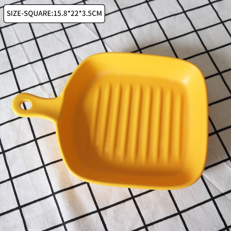 Matte Ceramic Baking Dish Round Plate Pasta Lasagna Pan with Single Handle Fruit Salad Dinner Plate Nordic Baking Dish Tray: Square-Yellow