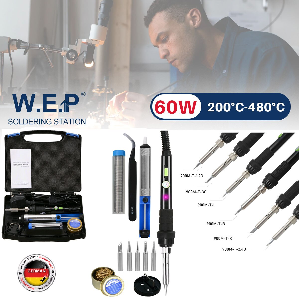 60W 220V Electric Soldering Iron Welding Solder Iron Adjustable Temperature with Soldering Tip Solder Wire