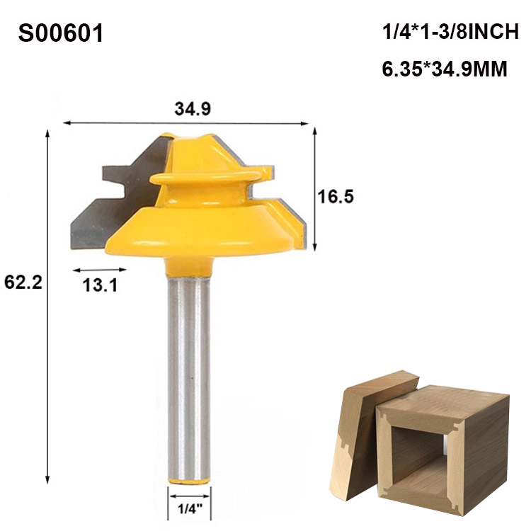 1/2 " 1/4 " 8mm- schachts 45- graden penfrees voor houtverbindingen houtbewerking frees rechte hoek cnc-gereedschapsbit: S00601