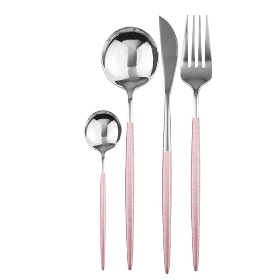 4 pièces/ensemble de couverts en or noir ensemble d'argenterie en acier inoxydable couteau fourchette cuillère ensemble de dîner Rose vaisselle couverts directe: 4Pcs Pink Silver